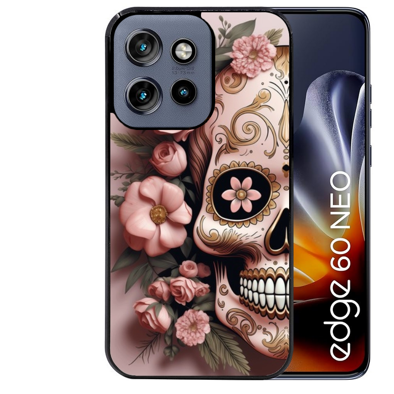 Coque noire taperso pour Moto Edge 60 et Neo Fusion Pro avec motif tete de mort calavera rose protection antichoc personnalisée
