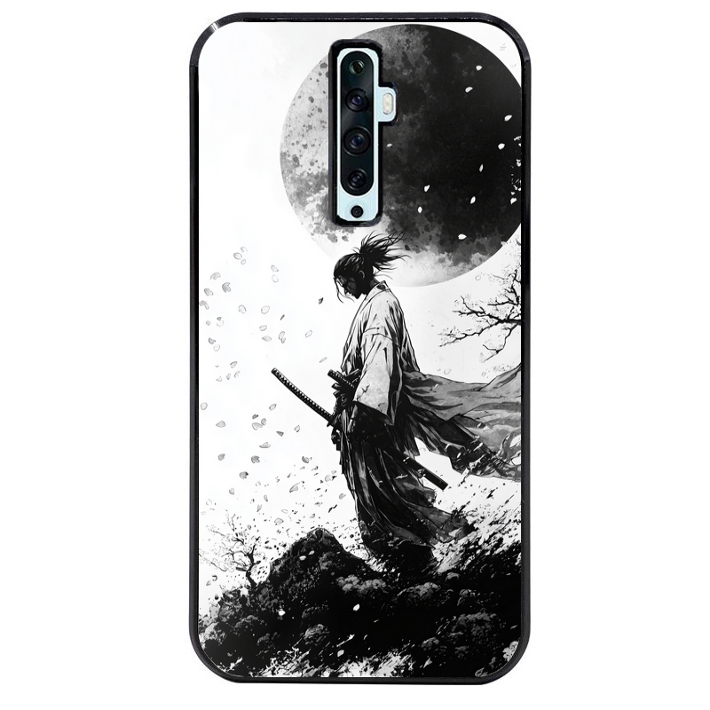 Coque noire taperso pour OPPO Reno 2 et 2Z avec motif samourai et lune protection antichoc personnalisée