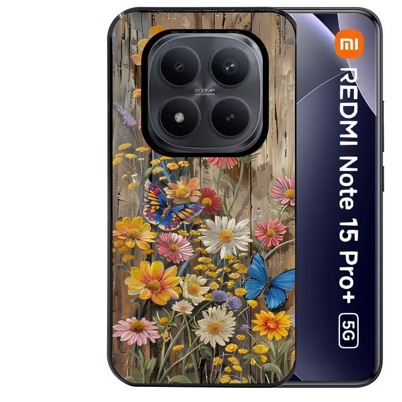 Coque noire taperso pour Redmi Note 15 et PRO PLUS 4G 5G avec motif bois et papillon 1 protection antichoc personnalisée
