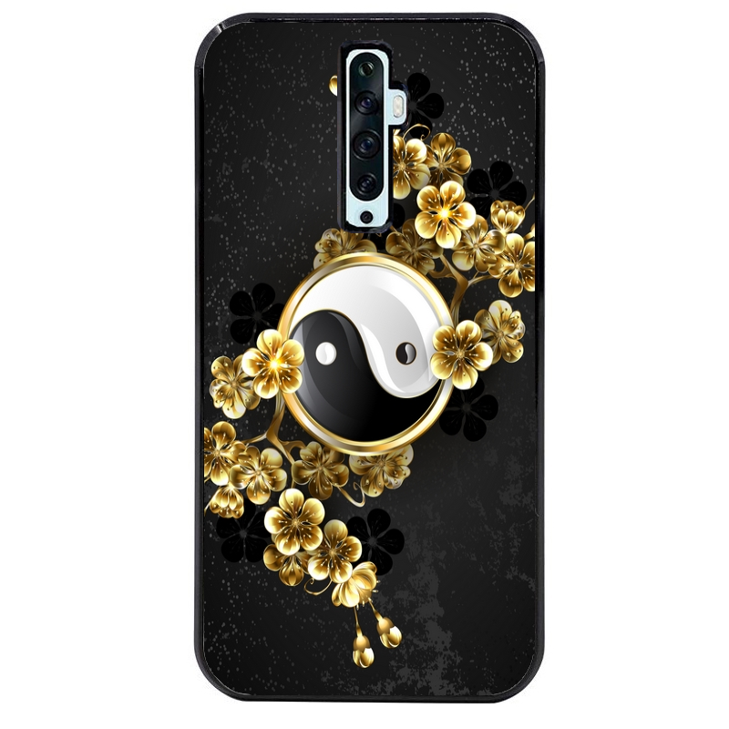Coque noire taperso pour OPPO Reno 2 et 2Z avec motif yin yang et fleur protection antichoc personnalisée
