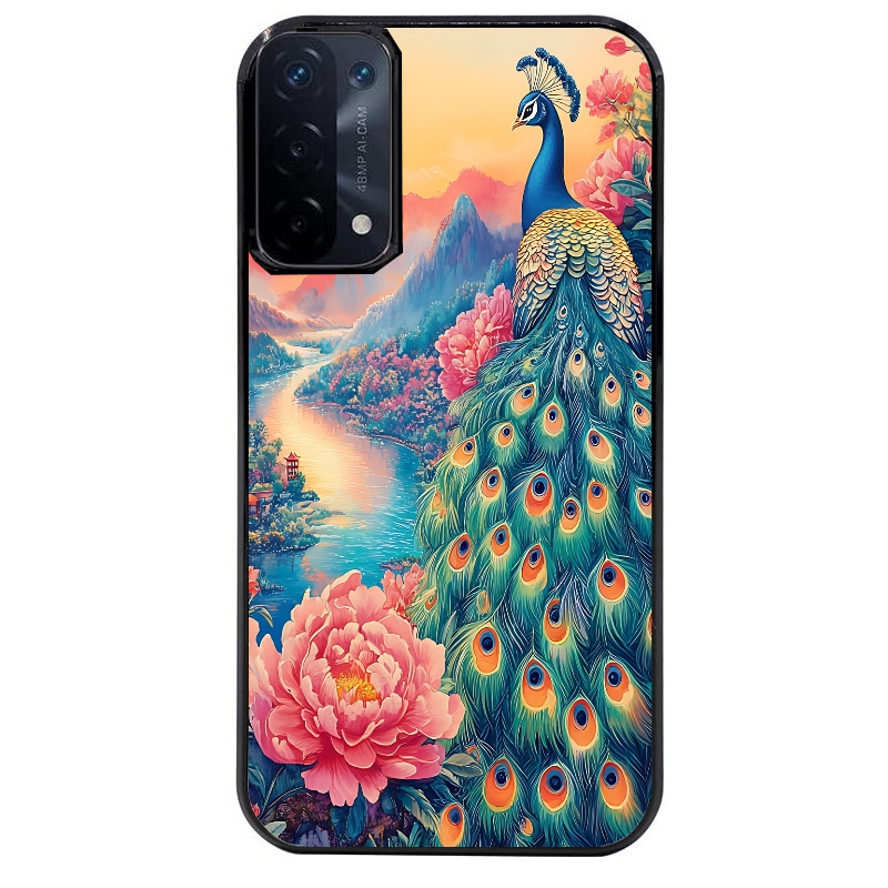 Coque noire taperso pour OPPO A54 et A74 5G avec motif paon japan protection antichoc personnalisée