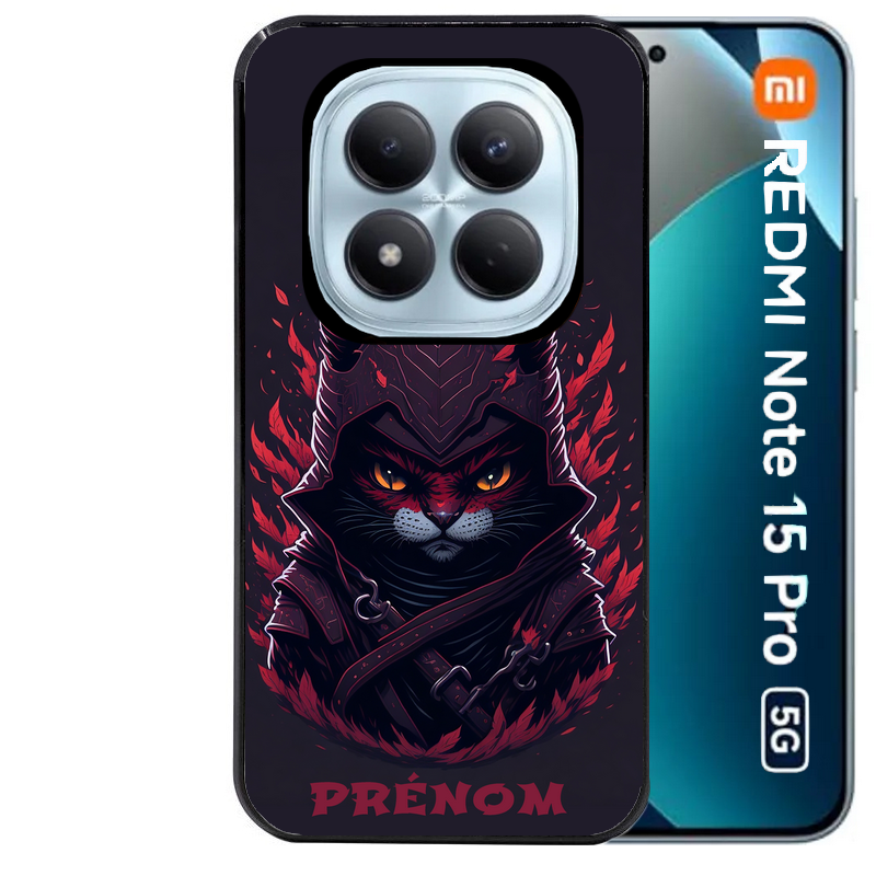 Coque noire taperso pour Redmi Note 15 et PRO PLUS 4G 5G avec motif chat samourai personnalise protection antichoc personnalisée