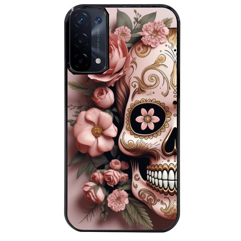 Coque noire taperso pour OPPO A54 et A74 5G avec motif tete de mort calavera rose protection antichoc personnalisée