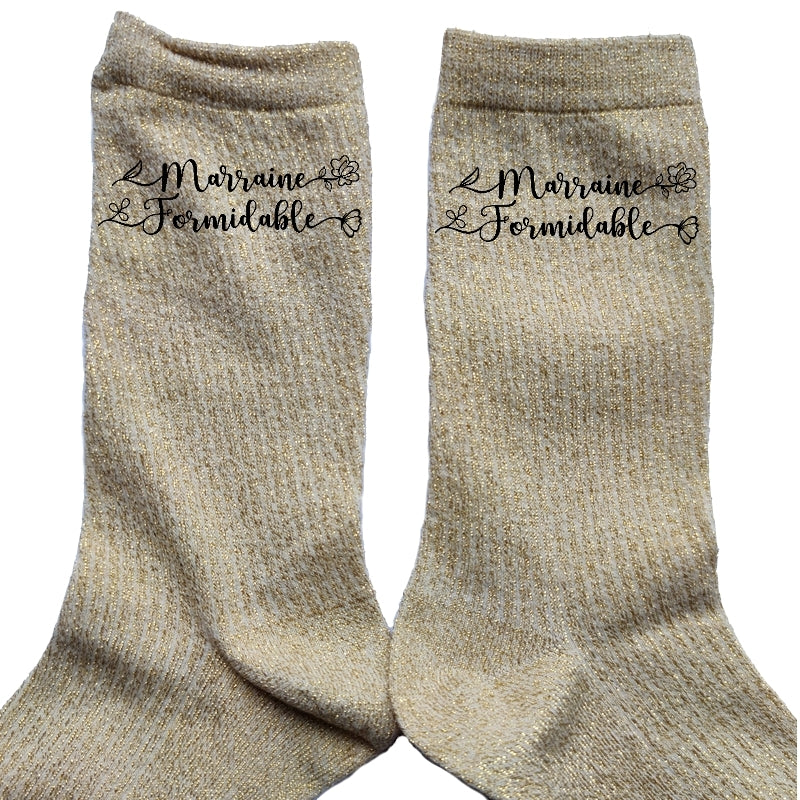 Chaussettes paillettes doré motif marraine formidable