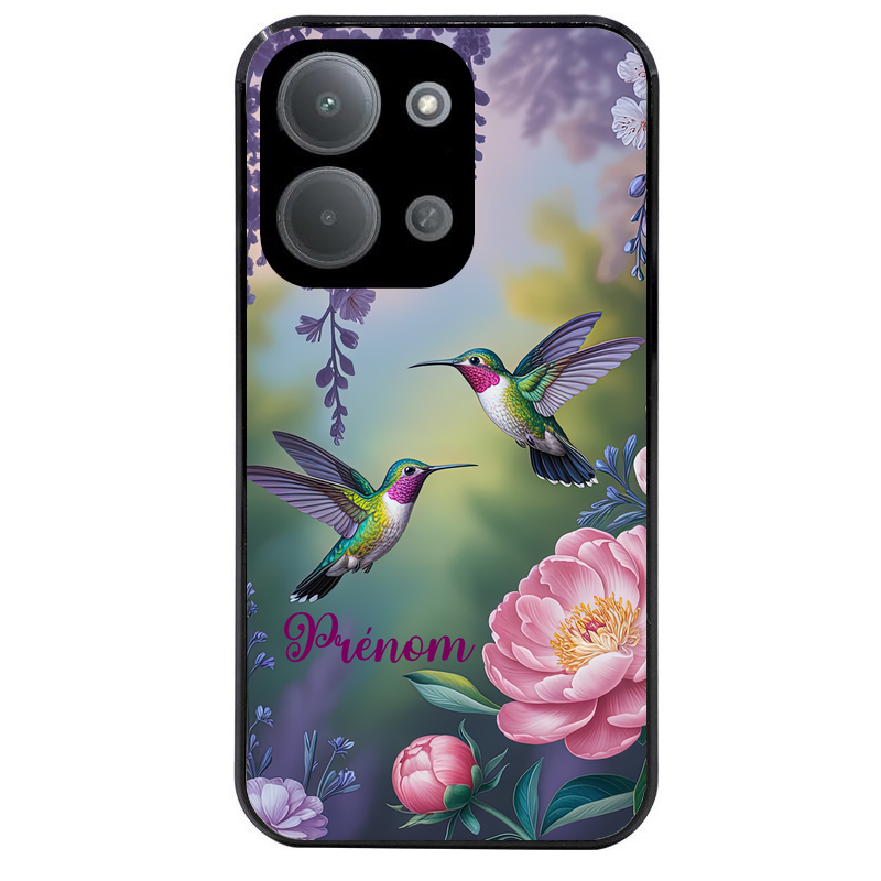 Coque noire taperso pour POCO C85 avec motif colibri couple personnalise protection antichoc personnalisée