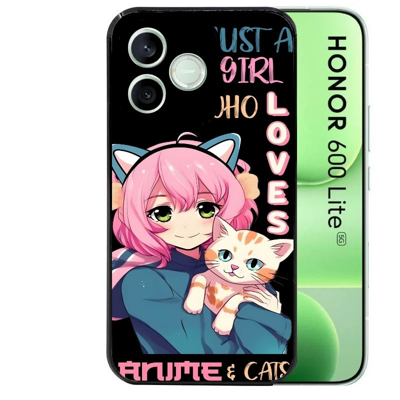 Coque noire pour Honor 600 LITE avec motif anime et chat protection antichoc personnalisée