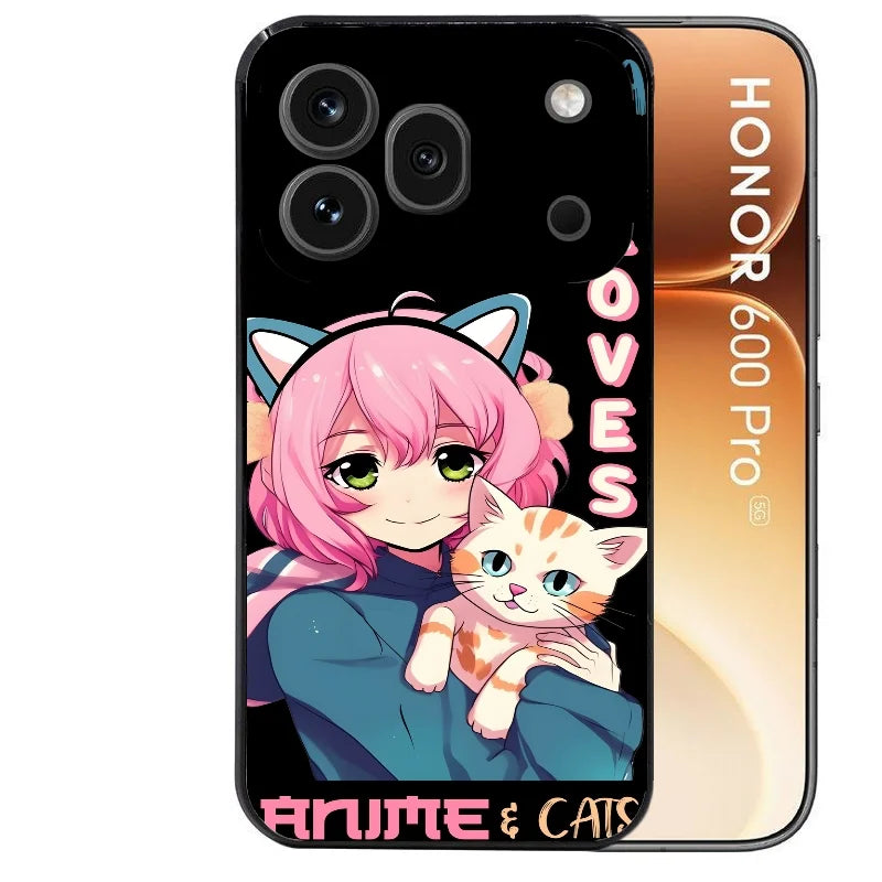 Coque noire taperso pour Honor 600 et 600 PRO avec motif anime et chat protection antichoc personnalisée