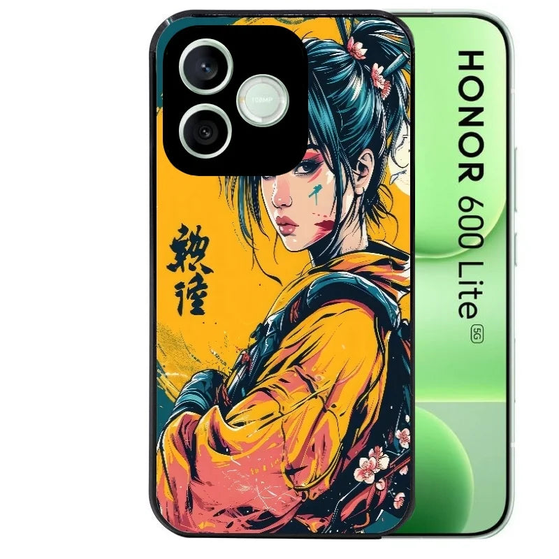 Coque noire pour Honor 600 LITE avec motif samourai girl anime protection antichoc personnalisée
