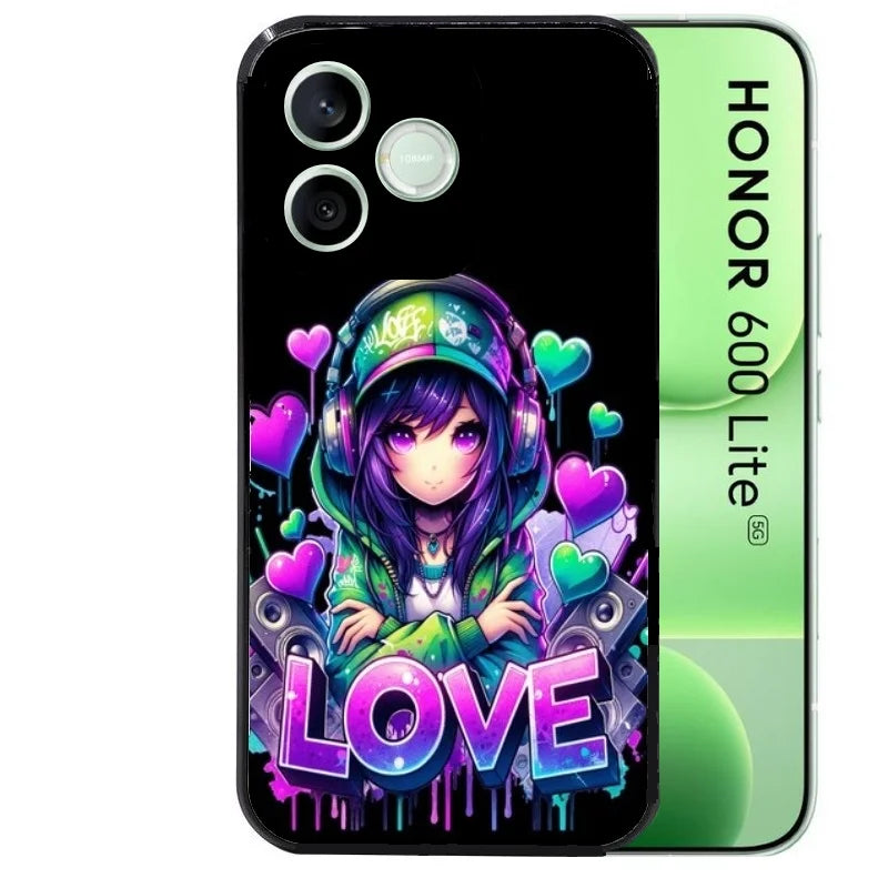 Coque noire pour Honor 600 LITE avec motif anime manga et love protection antichoc personnalisée