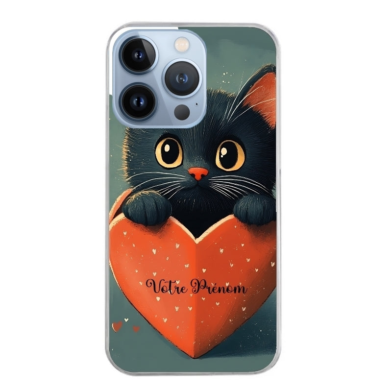 Coque taperso pour Iphone 11 et PRO PRO MAX avec motif chat et coeur avec prenom protection antichoc personnalisée
