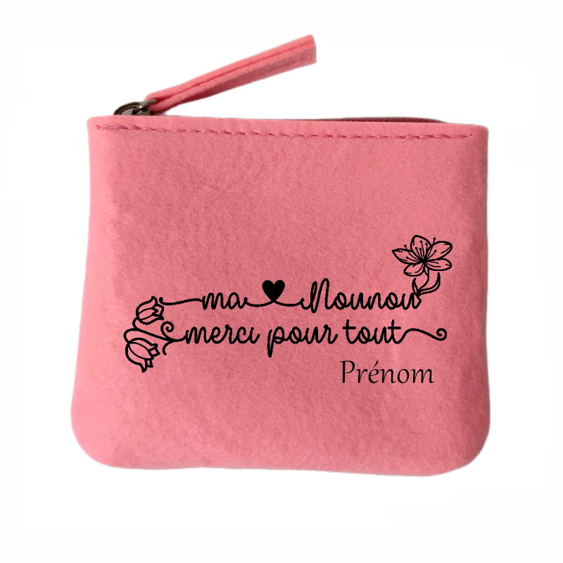 Porte monnaie personnalisé merci nounou fleur en feutrine en feutrine