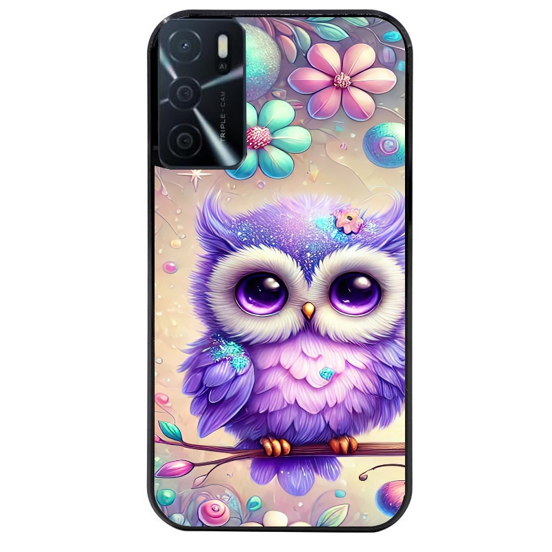 Coque noire taperso pour OPPO A16 et A16S avec motif chouette violette protection antichoc personnalisée