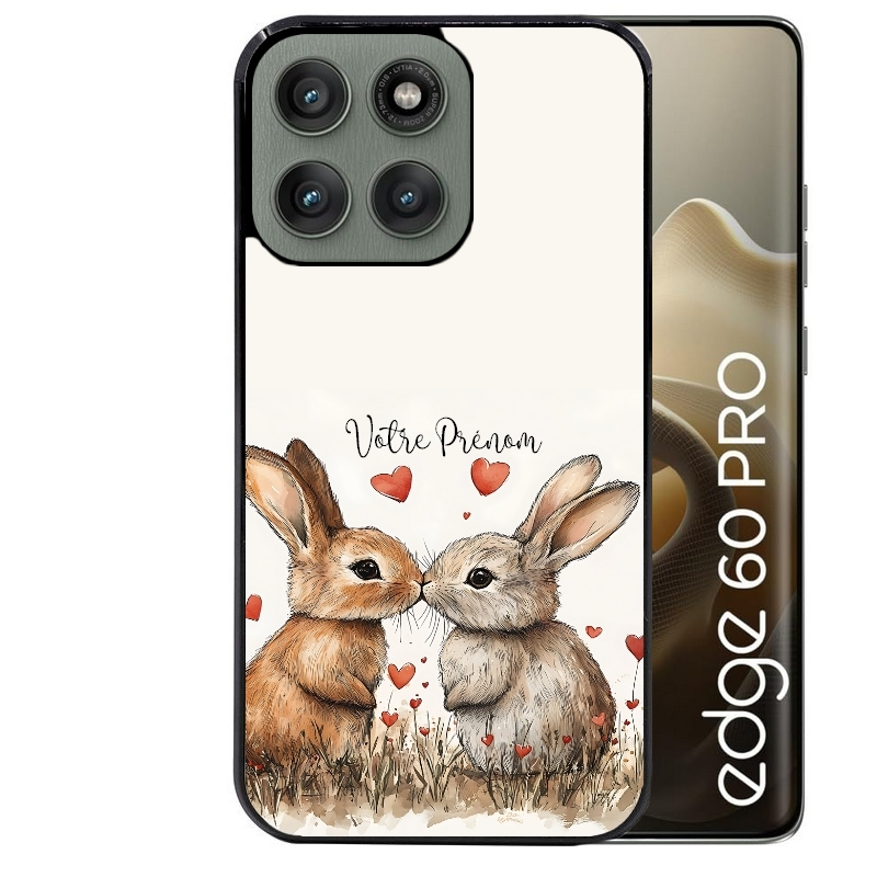 Coque noire taperso pour Moto Edge 60 et Neo Fusion Pro avec motif lapin coeur avec prenom protection antichoc personnalisée