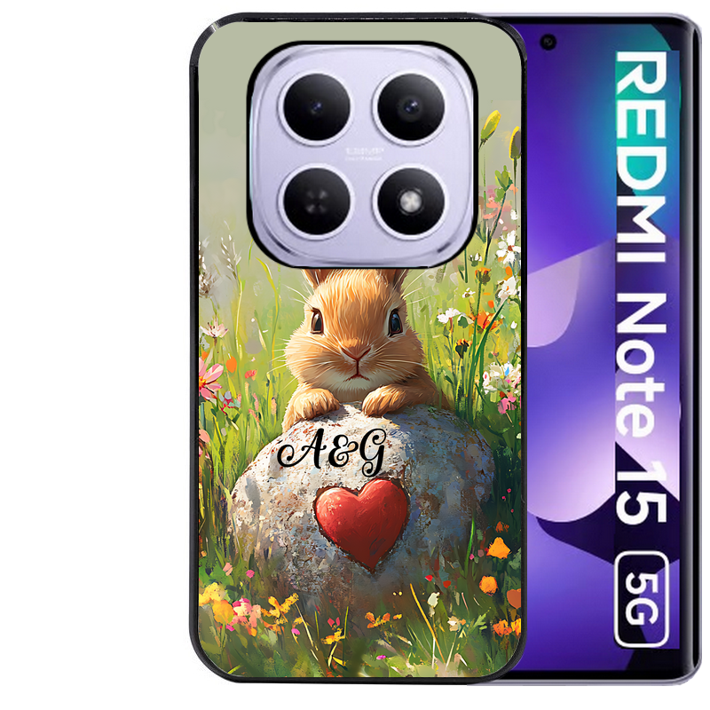 Coque noire taperso pour Redmi Note 15 et PRO PLUS 4G 5G avec motif lapin et fleurs personnalisee protection antichoc personnalisée