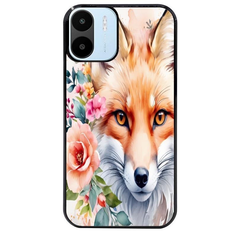 Coque noire taperso pour Redmi A1 et A2 avec motif renard fox et fleurs protection antichoc personnalisée