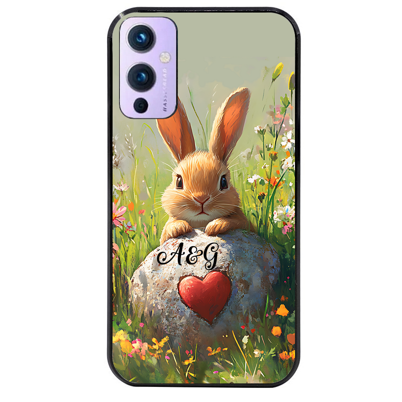 Coque noire taperso pour OnePlus 9 et 9 PRO avec motif lapin et fleurs personnalisee protection antichoc personnalisée