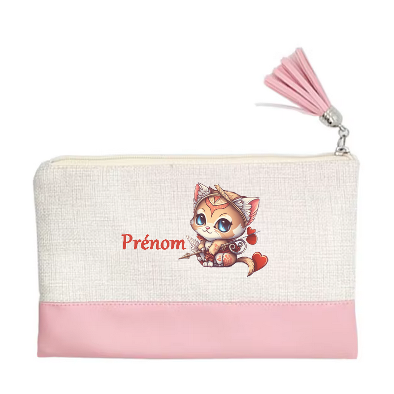 Pochette personnalisée motif chat cupidon en toile et simili cuir personnalisée