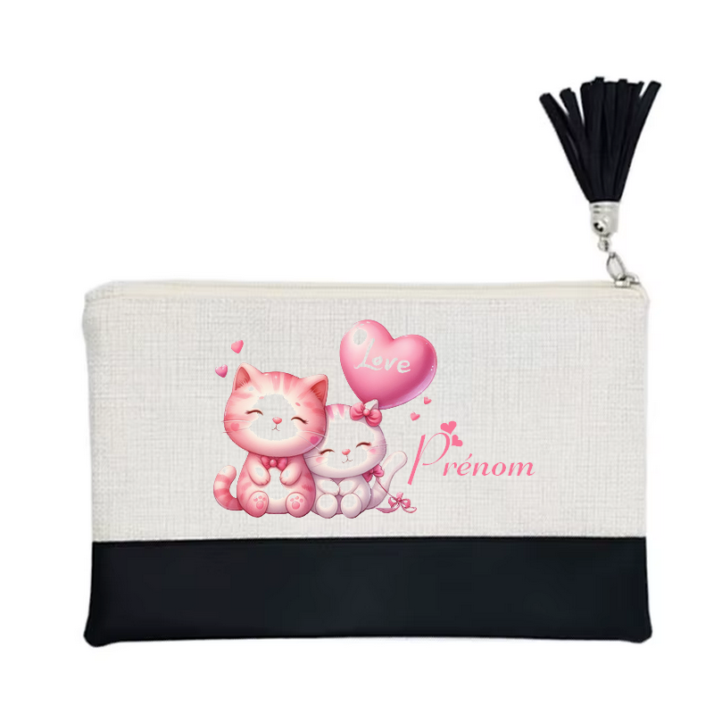 Pochette personnalisée motif chat love en toile et simili cuir personnalisée