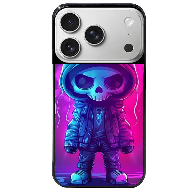 Coque noire taperso pour Iphone 17 17E AIR MAX PRO avec motif tete de mort skull fluo protection antichoc personnalisée