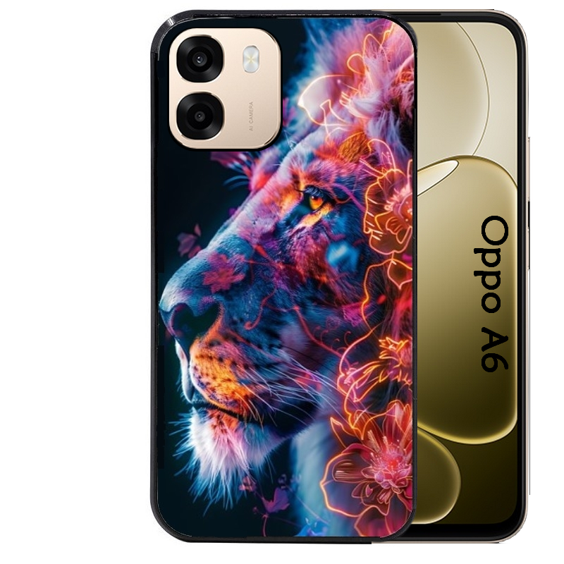 Coque noire taperso pour OPPO A6 A6X 4G et 5G avec motif lion fluo protection antichoc personnalisée