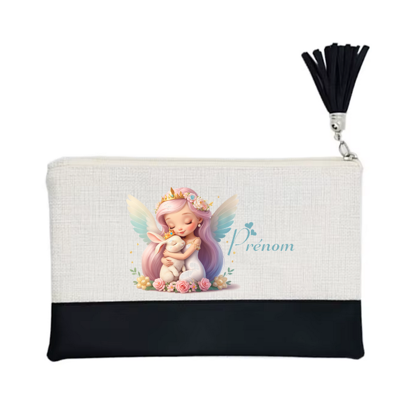 Pochette personnalisée motif fée lapin en toile et simili cuir personnalisée