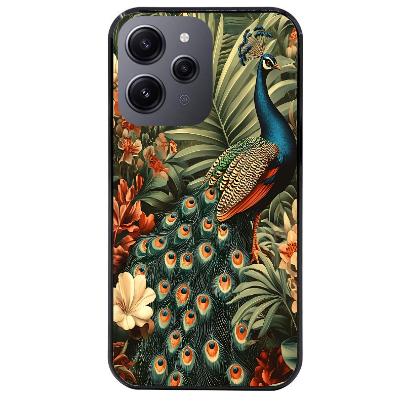 Coque noire taperso pour Redmi 12 4G et 5G avec motif paon tropical protection antichoc personnalisée