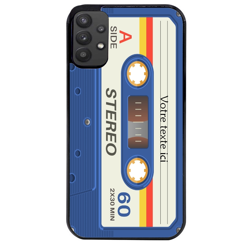 Coque noire taperso pour galaxy A22 A32 A52 A52S 4G 5G  personnalisable avec motif cassette bleu protection antichoc personnalisée