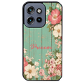Coque noire taperso pour Moto Edge 60 et Neo Fusion Pro avec motif bois et fleur avec votre prenom protection antichoc personnalisée