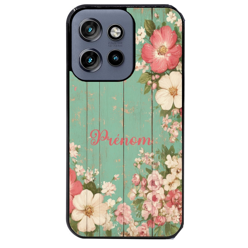 Coque noire taperso pour Moto Edge 60 et Neo Fusion Pro avec motif bois et fleur avec votre prenom protection antichoc personnalisée