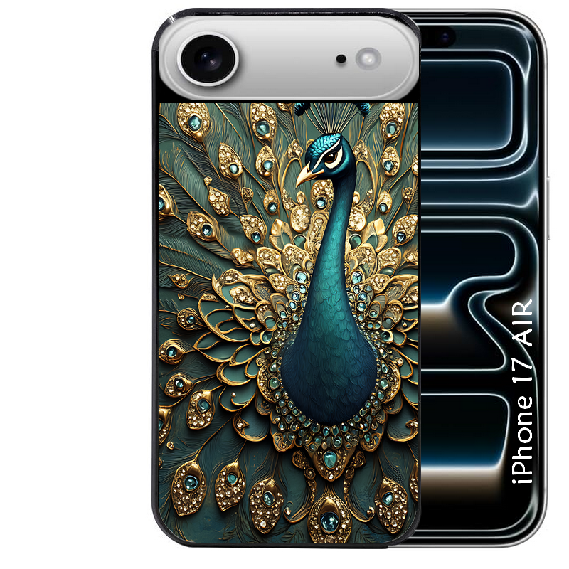 Coque noire taperso pour Iphone 17 17E AIR MAX PRO avec motif paon bijoux protection antichoc personnalisée