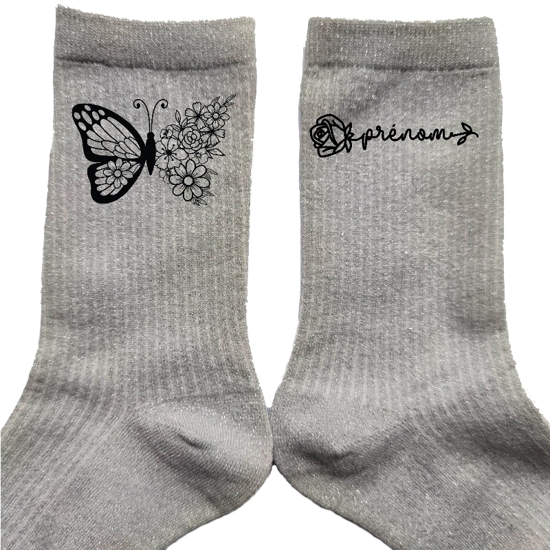 Chaussettes personnalisée paillettes argent motif papillon et fleur