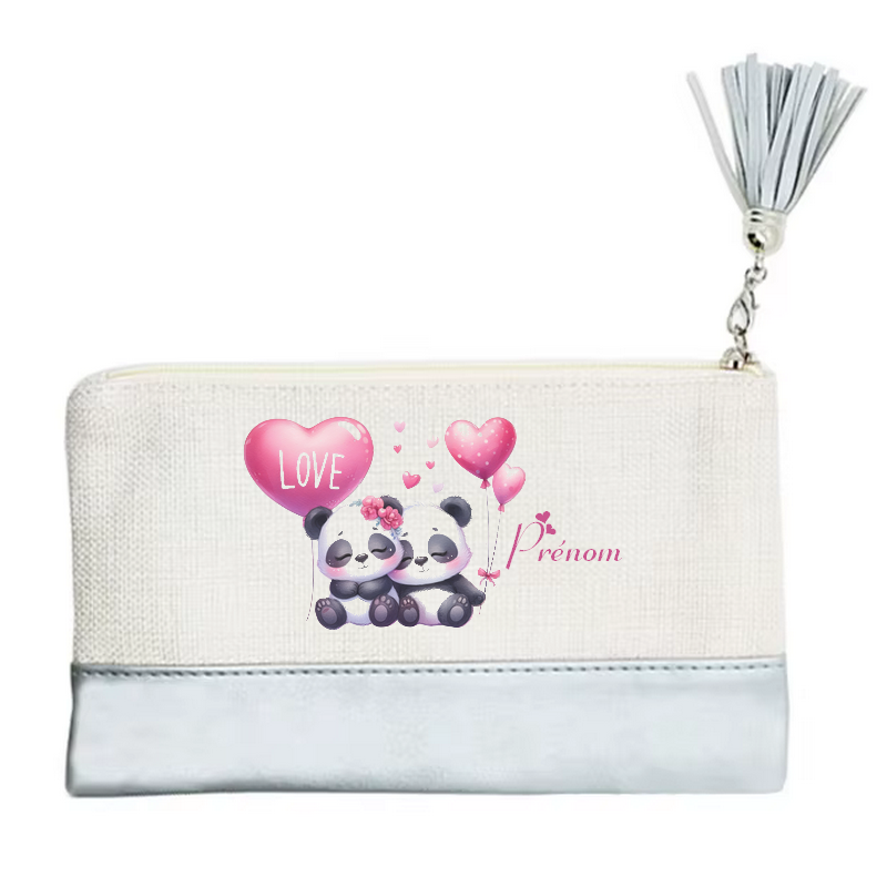 Pochette personnalisée motif panda love en toile et simili cuir personnalisée