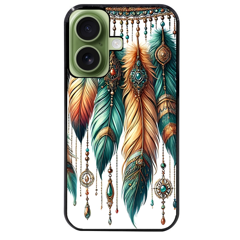 Coque noire taperso pour Iphone 16 16E PLUS MAX PRO avec motif plumes et bijoux protection antichoc personnalisée