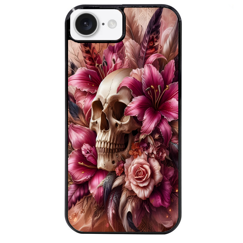 Coque noire taperso pour Iphone 16 16E PLUS MAX PRO avec motif tete de mort skull plume protection antichoc personnalisée