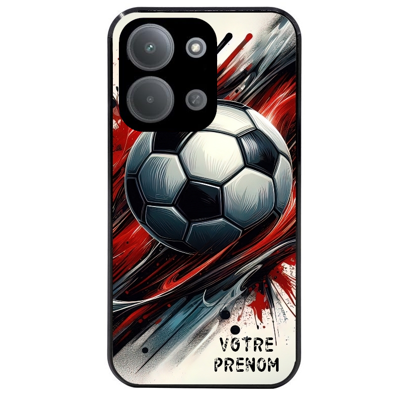 Coque noire taperso pour POCO C85 avec motif ballon foot avec prenom protection antichoc personnalisée