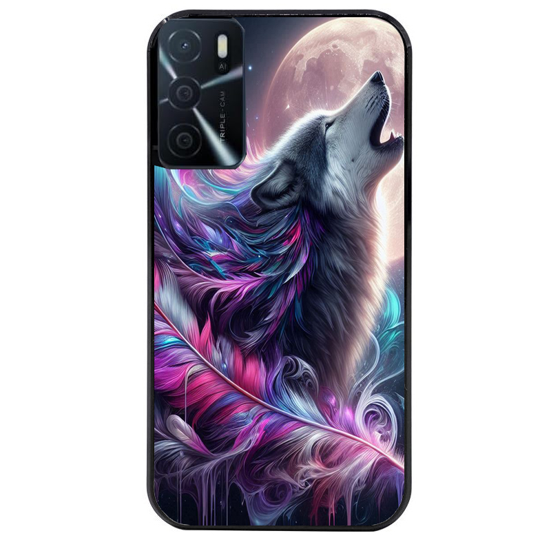 Coque noire taperso pour OPPO A16 et A16S avec motif loup et plume protection antichoc personnalisée
