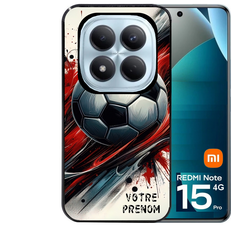 Coque noire taperso pour Redmi Note 15 et PRO PLUS 4G 5G avec motif ballon foot avec prenom protection antichoc personnalisée