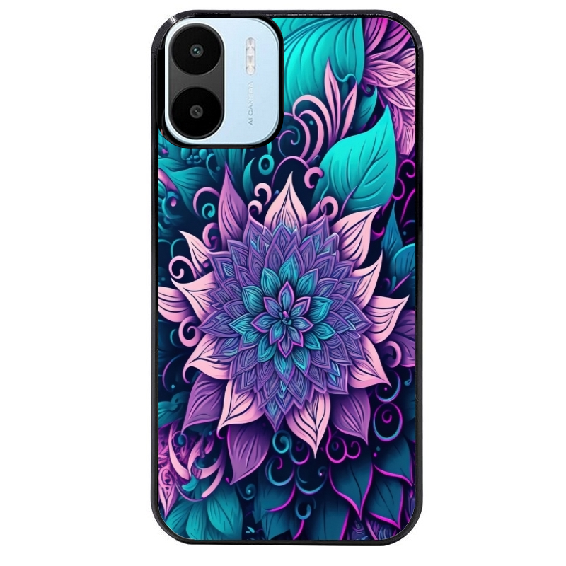 Coque noire taperso pour Redmi A1 et A2 avec motif tropical mandala et fleur violet protection antichoc personnalisée