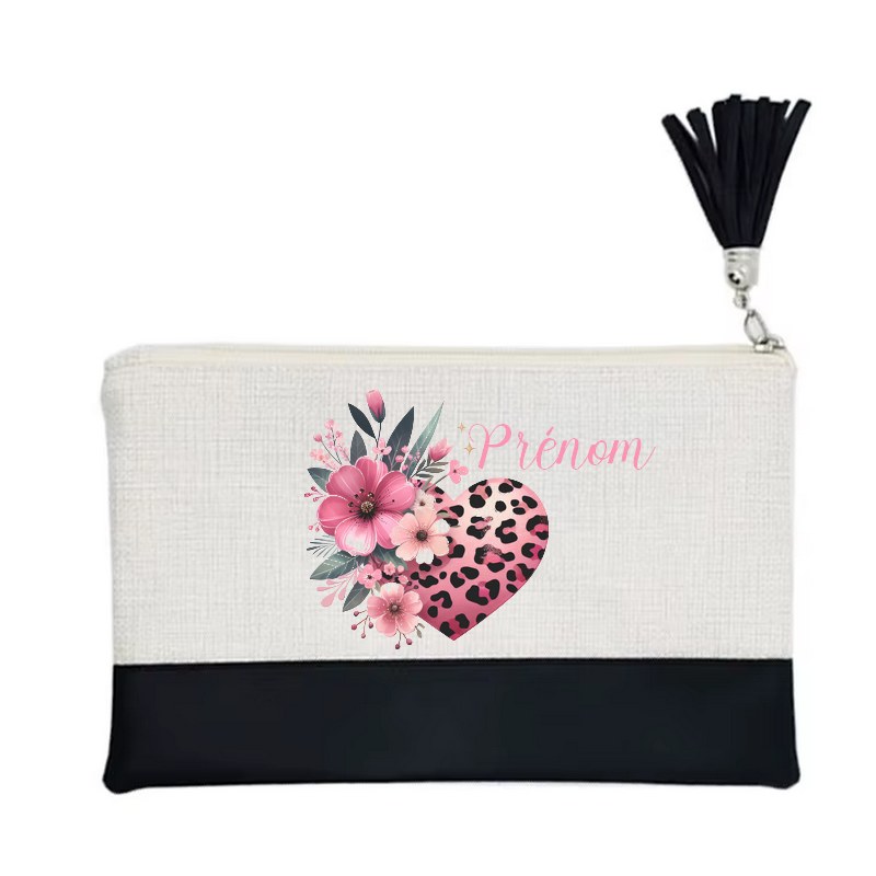Pochette personnalisée motif cœur leopard en toile et simili cuir personnalisée