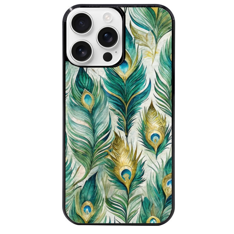 Coque noire taperso pour Iphone 16 16E PLUS MAX PRO avec motif paon plumes protection antichoc personnalisée