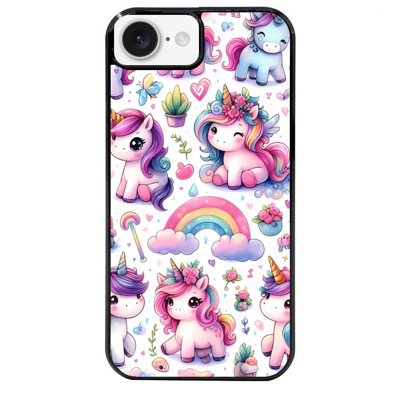Coque noire taperso pour Iphone 16 16E PLUS MAX PRO avec motif licorne arc en ciel protection antichoc personnalisée