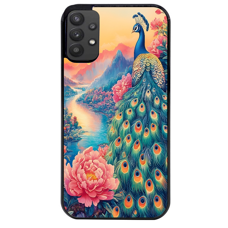Coque noire taperso pour galaxy A22 A32 A52 A52S 4G 5G  avec motif paon japan protection antichoc personnalisée