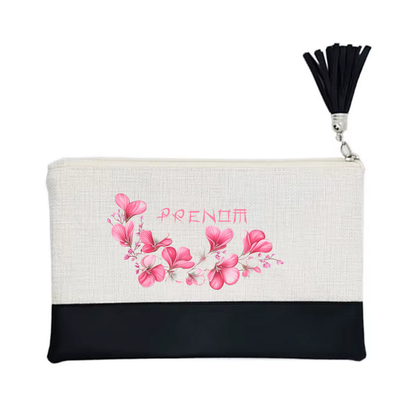 Pochette personnalisée motif fleur cerisier en toile et simili cuir personnalisée