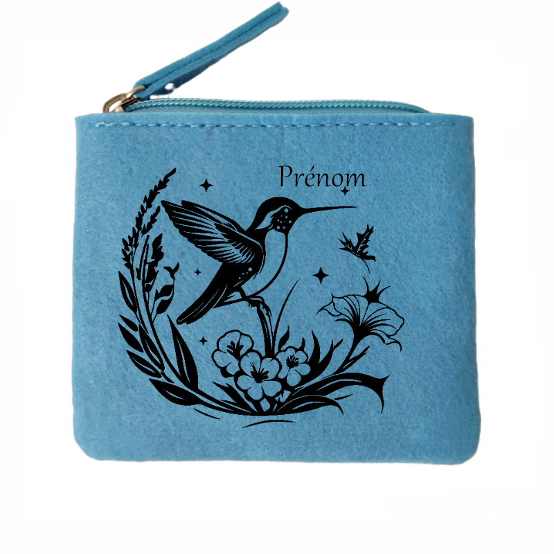 Porte monnaie personnalisé colibri fleur en feutrine en feutrine