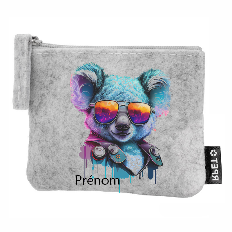 Porte monnaie personnalisé koala lunettes en feutrine en feutrine