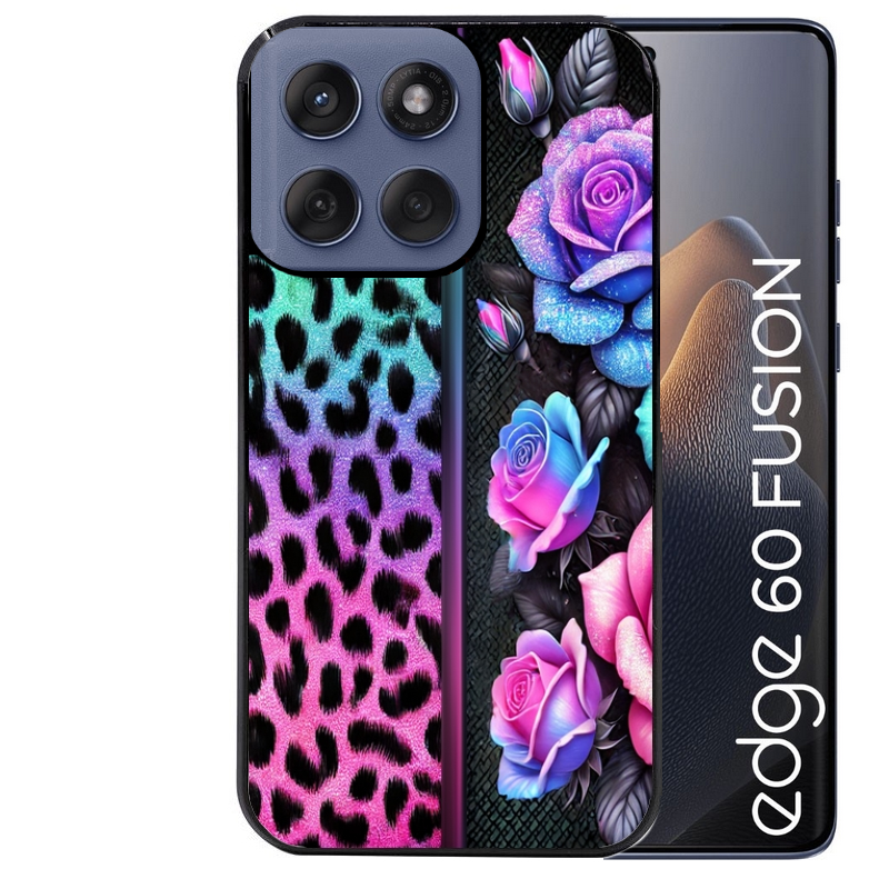 Coque noire taperso pour Moto Edge 60 et Neo Fusion Pro avec motif leopard et fleur protection antichoc personnalisée