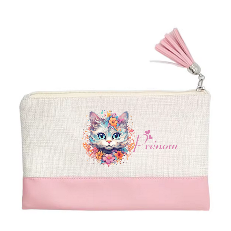Pochette personnalisée motif chat pastel en toile et simili cuir personnalisée