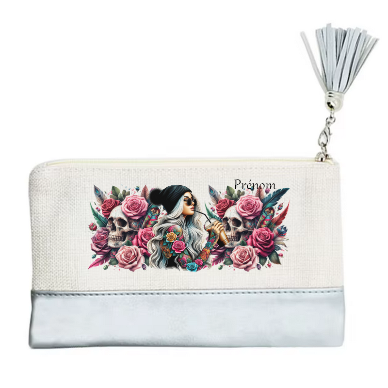 Pochette personnalisée motif tete de mort plume en toile et simili cuir personnalisée