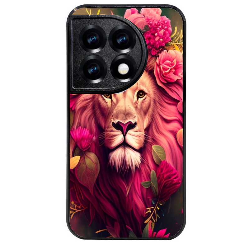 Coque noire taperso pour OnePlus 11 et 12 avec motif lion et fleurs rose protection antichoc personnalisée