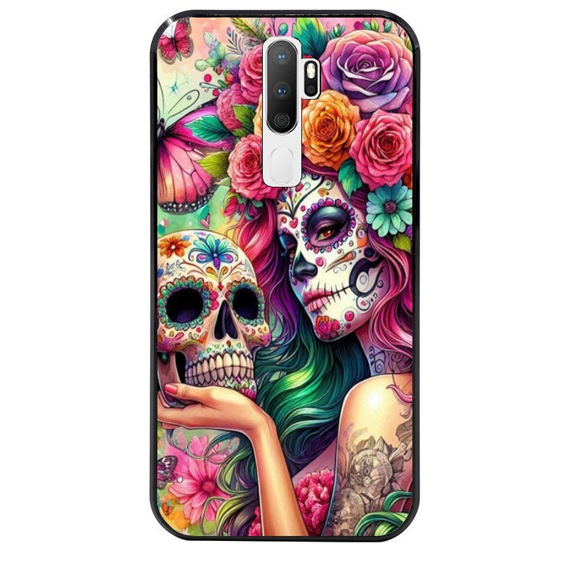Coque noire taperso pour OPPO A5 A9 2020 avec motif tete de mort calavera skull protection antichoc personnalisée
